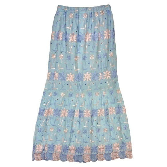 Allover Floral Embroidered Skirt Womens Sz S Light Blue Tiered Hem Maxi Pull-On - Picture 1 of 14